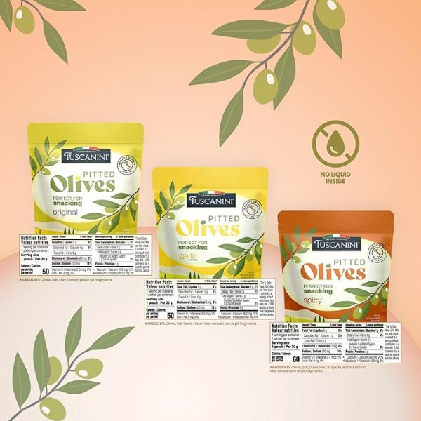 Tuscanini Italian Pitted Olive Snack Packs | Variety Pack | 1 oz (30 Pack) | Orignal, Garlic & Spicy Flavors | Convenient Olive Pouches for Snacking | Salad Topper | Gluten Free, Vegan, Keto Friendly | Pitted Olives | Great for Travel, Picnic and Office Snacks | Kosher Visit the Tuscanini Store - Image 2