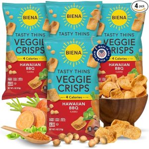 BIENA Tasty Thins Veggie Crisps – Hawaiian BBQ, 4-Pack, 4 oz Bags – Chickpeas & Veggies, Vegan, Gluten Free, Dairy-Free, Non-GMO, Allergy-Friendly, Healthy Snacks for Adults and Kids