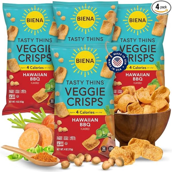 BIENA Tasty Thins Veggie Crisps – Hawaiian BBQ, 4-Pack, 4 oz Bags – Chickpeas & Veggies, Vegan, Gluten Free, Dairy-Free, Non-GMO, Allergy-Friendly, Healthy Snacks for Adults and Kids