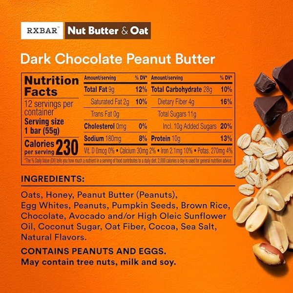 RXBAR Nut Butter and Oat Protein Bars, Protein Snacks, Snack Bars, Dark Chocolate Peanut Butter, 23.2oz Box (12 Bars) - Image 2