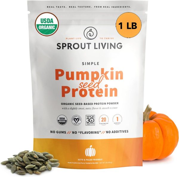 Sprout Living Simple Pumpkin Seed Protein Powder, 20 Grams Organic Plant Based Protein Powder Without Artificial Sweeteners, Non Dairy, Non-GMO, Vegan, Gluten Free, Keto Drink Mix (1 Pound)